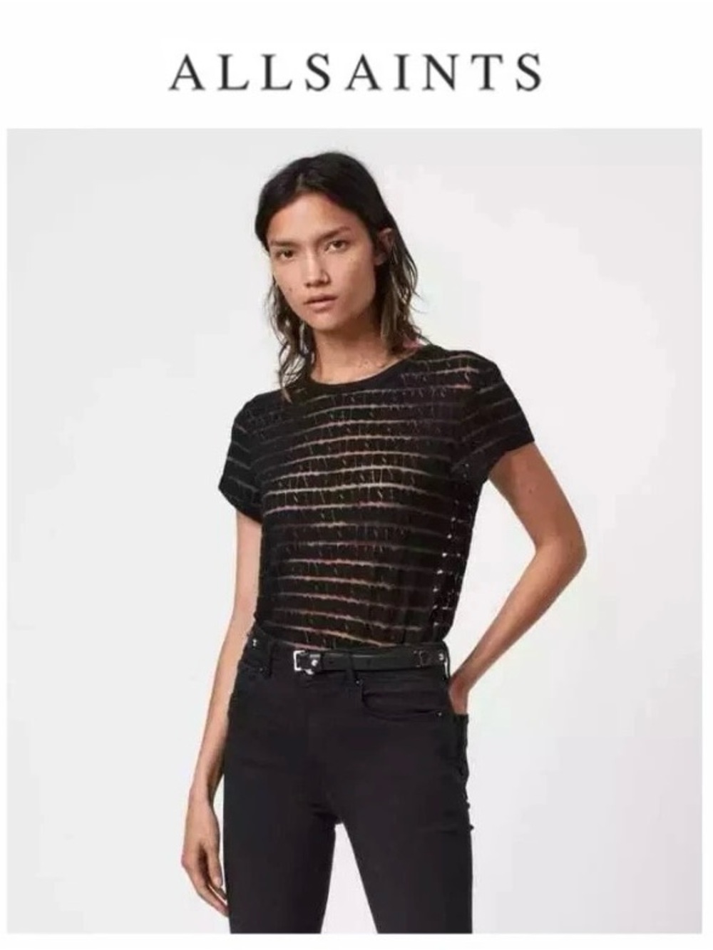 AllSaints Black Sheer Striped Short Sleeve Tee